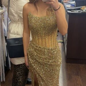 Ashley Lauren Strapless Gold Sequin Dress